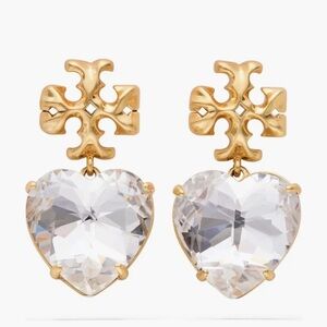 Tory Burch Kira Crystal faceted heart drops hanging from TB logo studs